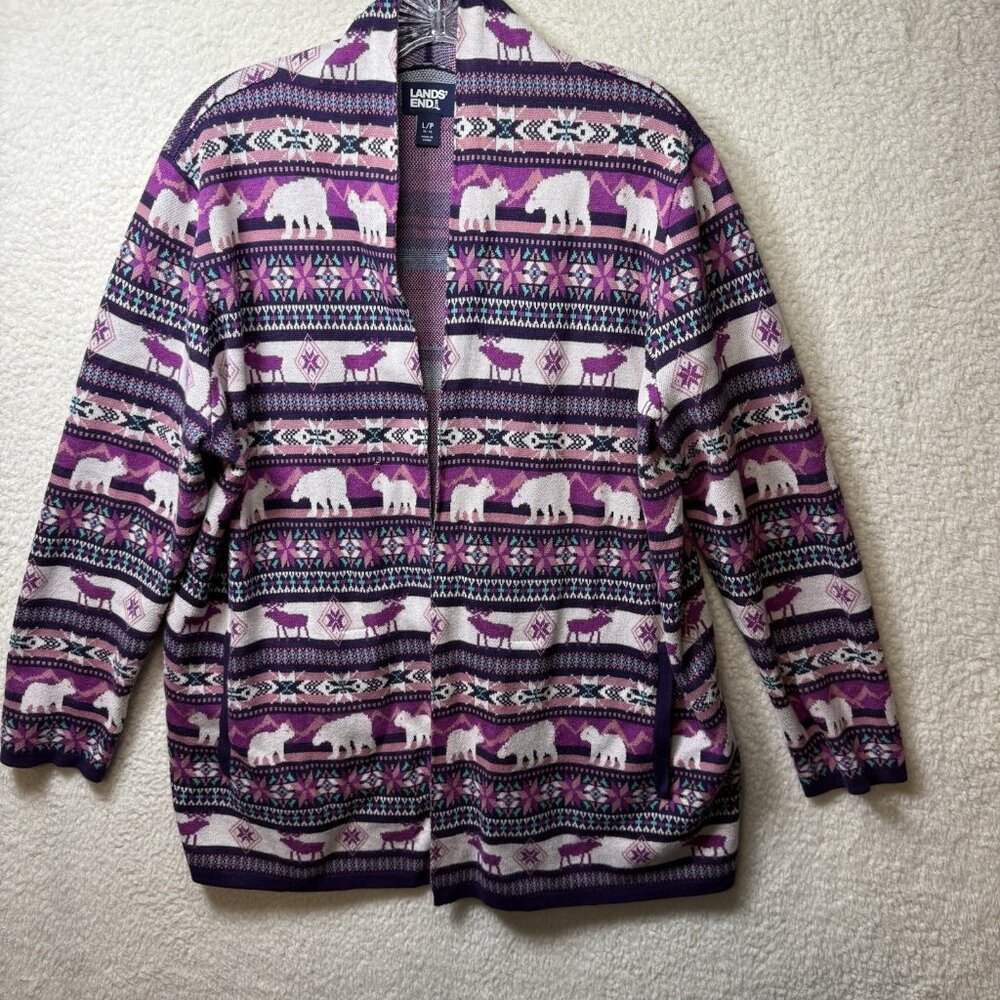 Land's End Sweater Large Purple Fair Isle Open Front Cardigan Woodland Animals